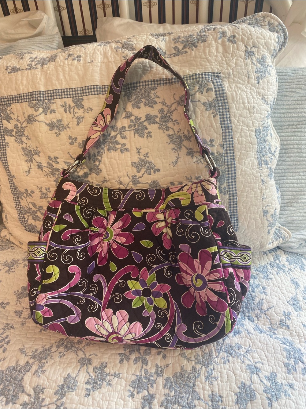 Vera Bradley Vintage Purple Punch Hobo Cotton Quilted Shoulder Bag